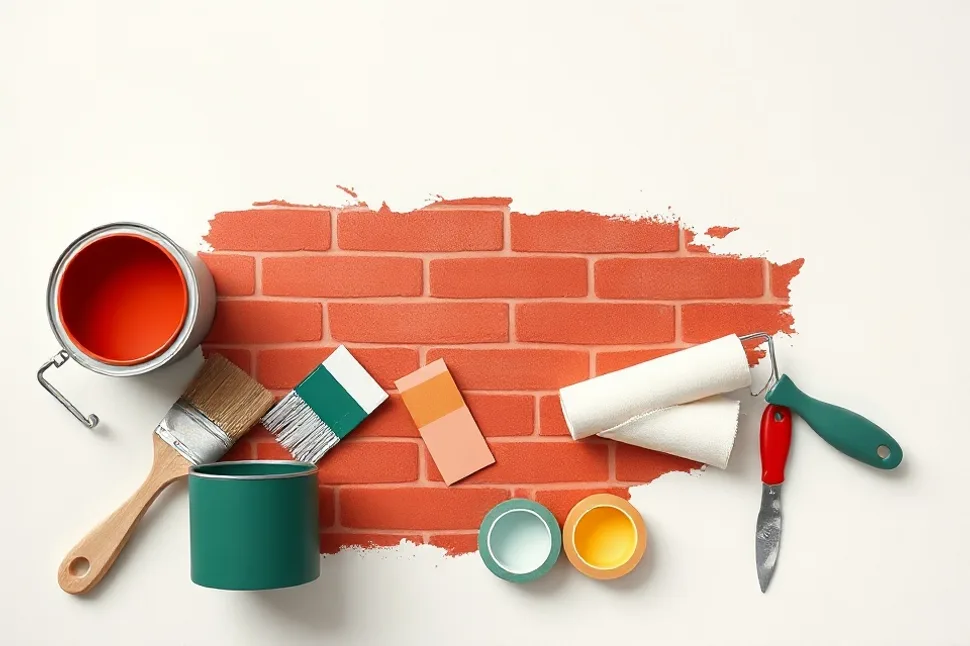 Pots de peinture, nuancier, brosses et rouleaux disposés à plat