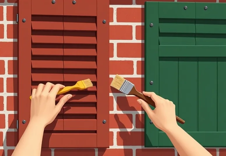 Mise en peinture au pinceau de volets et d'encadrements en bois