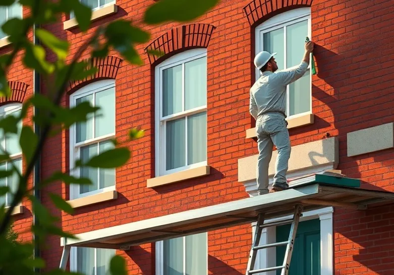 Peintre sur échafaudage traitant la façade d'une maison